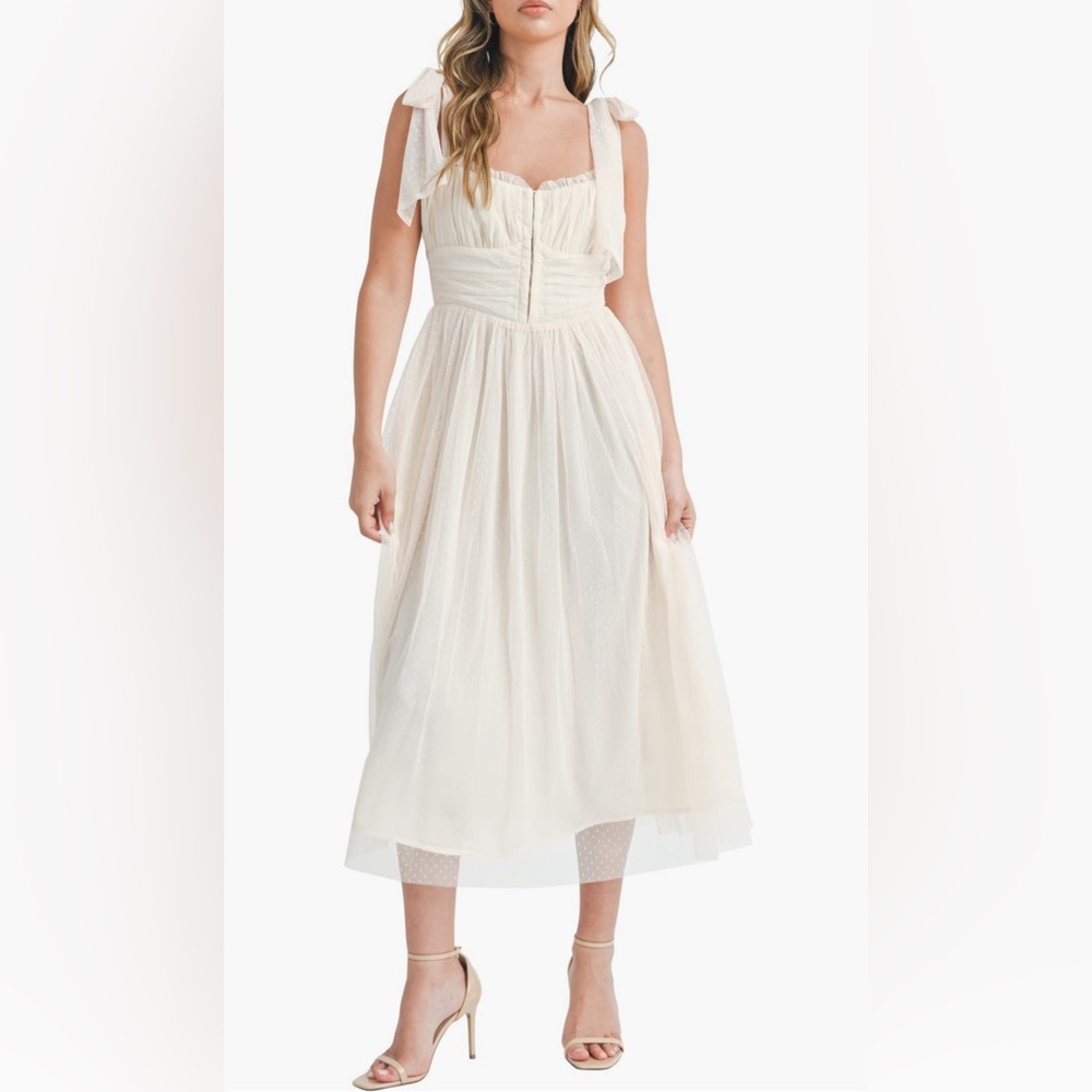 Lush Tie Strap Polka Dot Tulle Midi Dress